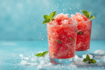 Minty watermelon slush or granita in glasses against a light blue backdrop Cool summer ice drink or dessert stylishly photographed with bright lighting