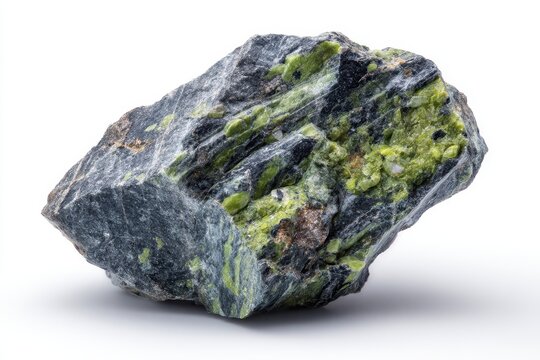 Natural serpentine rock sample consisting of magnesium phyllosilicate minerals placed on a white background