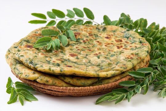 Moringa flatbread made from whole wheat and spices featuring drumstick leaves displayed with moringa leaves on a white backdrop