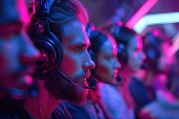 Pro gamer team competes in a championship video game communicating via headsets in a vibrant neon arena Tournament streamed online with a side view