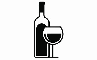 Simple black icon of a wine bottle and a glass filled with red wine