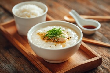 Rice in a white cup topped with sesame oil and scallions featuring chicken congee