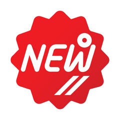 Red new label icon with white text for promotions and announcements
