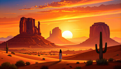 Solitary figure stands silhouetted against vibrant sunset, bathed in warm glow, surrounded by majestic rock formations and desert landscape. scene evokes sense of tranquility and wonder