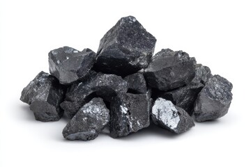 Obraz premium Naturally occurring graphite ore flakes lumps chips on a white background Extracted as a vital raw material for refractories foundry molds lithium ion batteries and lubricants