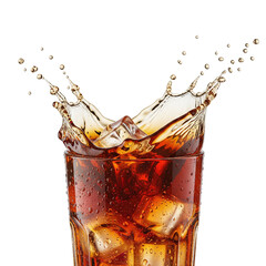 Cola splash with ice cubes in glass