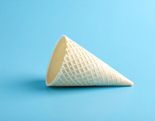 Solitary waffle cone rests on blue background, showcasing its creamy white interior, now empty and devoid of sweet contents, evoking sense of nostalgia