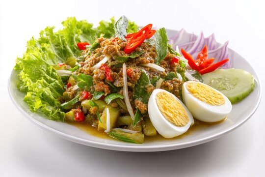 Pecel is a traditional Javanese salad topped with peanut sauce typically enjoyed with rice or rice cakes presented on a white plate against a plain white backdrop