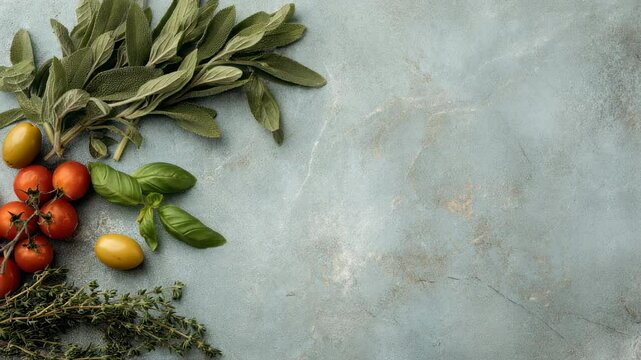Fresh culinary herbs and tomatoes on a neutral background create visual harmony