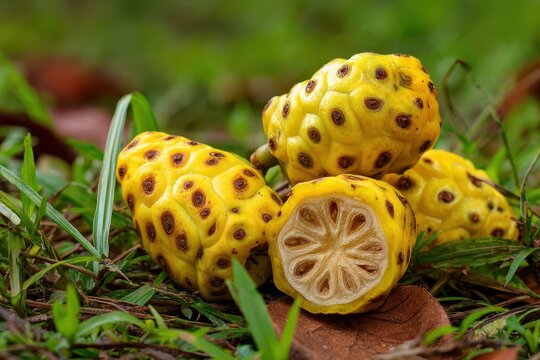 Ripe yellow noni fruits have fallen onto the grass from the tree The dried fruit powder is utilized in cosmetics and medicine Amazonas Brazil