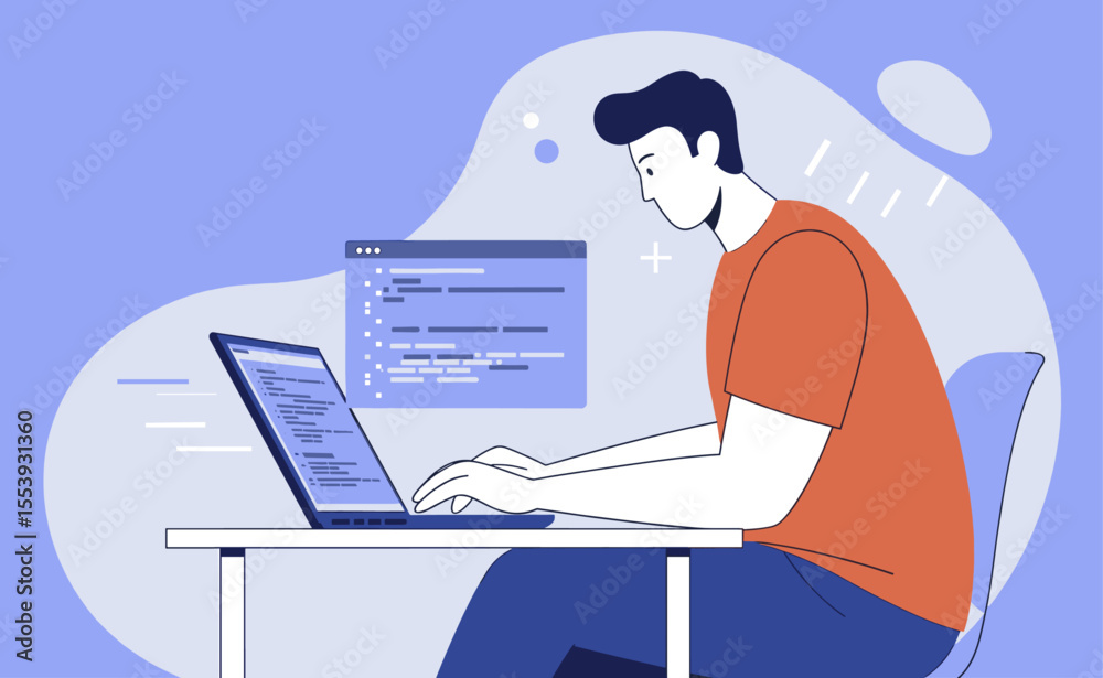 Wall mural man coding on laptop with abstract background