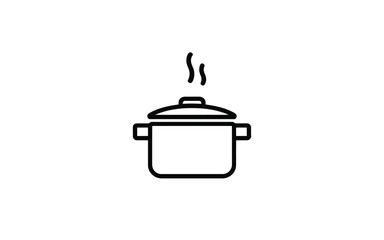 Simple line art icon of a steaming cooking pot on a white background