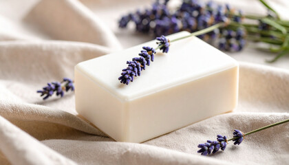 Square of pure white soap adorned with delicate lavender sprigs, nestled serenely on soft fabric, evokes sense of calm and tranquility