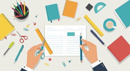 Teacher hands working on desk with school supplies