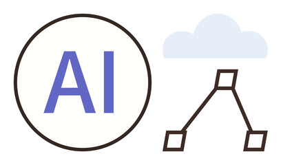 AI text in a circle beside a cloud and decision tree structure. Ideal for technology, innovation, AI models, cloud computing, big data, network, automation concepts. Simple flat metaphor