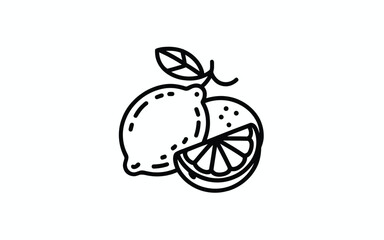Simple black line drawing of a whole lemon and a sliced lemon with a leaf