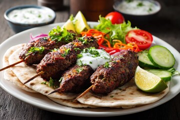 Skewered homemade kofta kebabs with pita lime veggies sweet chili and yogurt sauce on a white plate