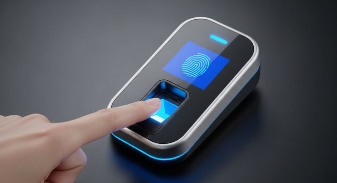 A finger is placed on a fingerprint scanner, a closeup shot showing the detail of the device and the scanning process