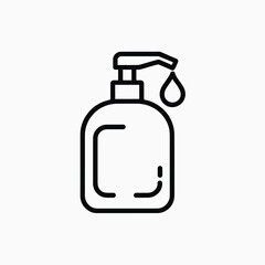 Simple outline icon of a liquid soap dispenser with a drop falling