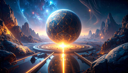 Symmetrical AI Core Sphere Suspended in Liquid Metal. AI themed Background. Generated Image