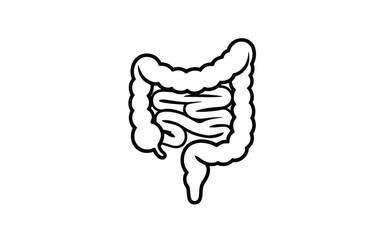 Stylized black and white line drawing of the human intestines and colon