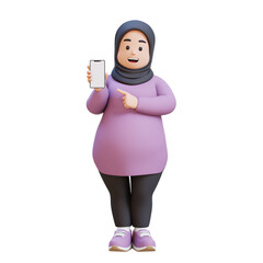 3D plus size overweight muslim woman pointing to smartphone