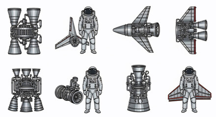 Vector illustrations of astronauts in space suits, powerful rocket engines, and futuristic spacecraft components. Ideal for science fiction, space exploration, and advanced technology designs