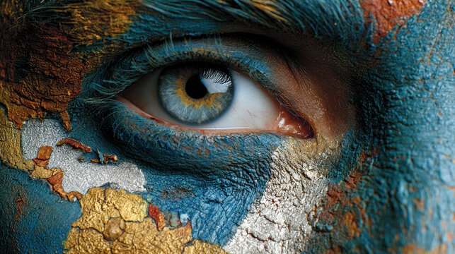 Close up of human eye with cracked colorful paint on skin showing global awareness and cultural solutions concept.