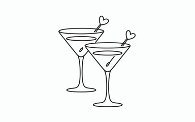Two martini glasses with heart shaped garnishes on white background line art illustration