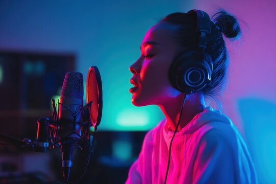 A female Asian DJ broadcasts in a neon room recording a podcast at her home studio
