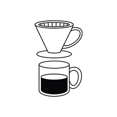 Simple line drawing of a pour over coffee maker and a mug of coffee