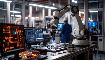 Fototapeta premium AI Powered Robot Arm Building Circuit Panels. AI themed Background. Generated Image
