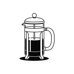 Simple black and white line art illustration of a french press coffee maker