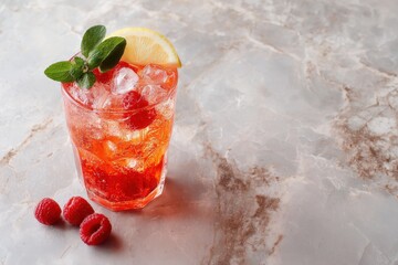 Marble backdrop featuring a raspberry drink fizzy lemonade and iced tea with mint Room for text