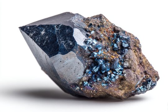 Close up of natural mineral Ilmenite crystals titanium iron oxide against a white backdrop
