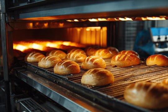 Bakery s industrial oven Freshly baked bread exits automatic production line