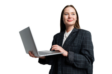 Professional woman in formal attire confidently using a laptop against a clean, white background, portraying modern business culture