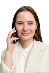 Confident businesswoman engages in conversation while dressed in a stylish suit during a productive...