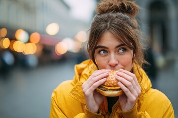 A beautiful woman enjoys a tasty burger snack while walking through the city posing with a wink against a blurred background after a long day at work
