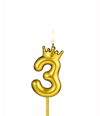 Golden candle with crown number 3 - White background