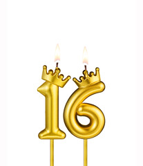 Golden number 16 birthday candle on white background