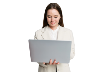 Professional woman engaged in work on her laptop with focused expressions in a bright, minimalist environment during a productive day