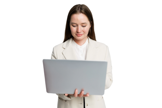 Professional woman engaged in work on her laptop with focused expressions in a bright, minimalist environment during a productive day