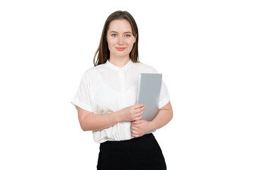 Confident young woman holds a laptop, ready for a productive day at work 