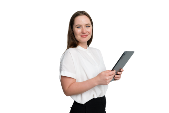 Confident young woman engaging with a tablet in a bright, modern setting during a professional moment