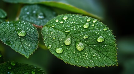 Fresh Green Leaves with Water Droplets Close Up in Natural Setting