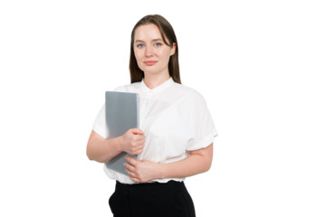 Professional woman confidently holding laptop while posing against white background