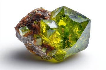 Close up photo of titanite mineral on a white backdrop