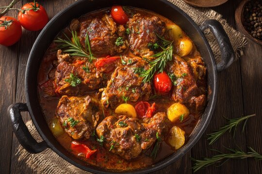 Close up top view of Malta s traditional dish stewed rabbit in a pan