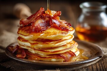 Closeup of tasty pancakes maple syrup and bacon on a table